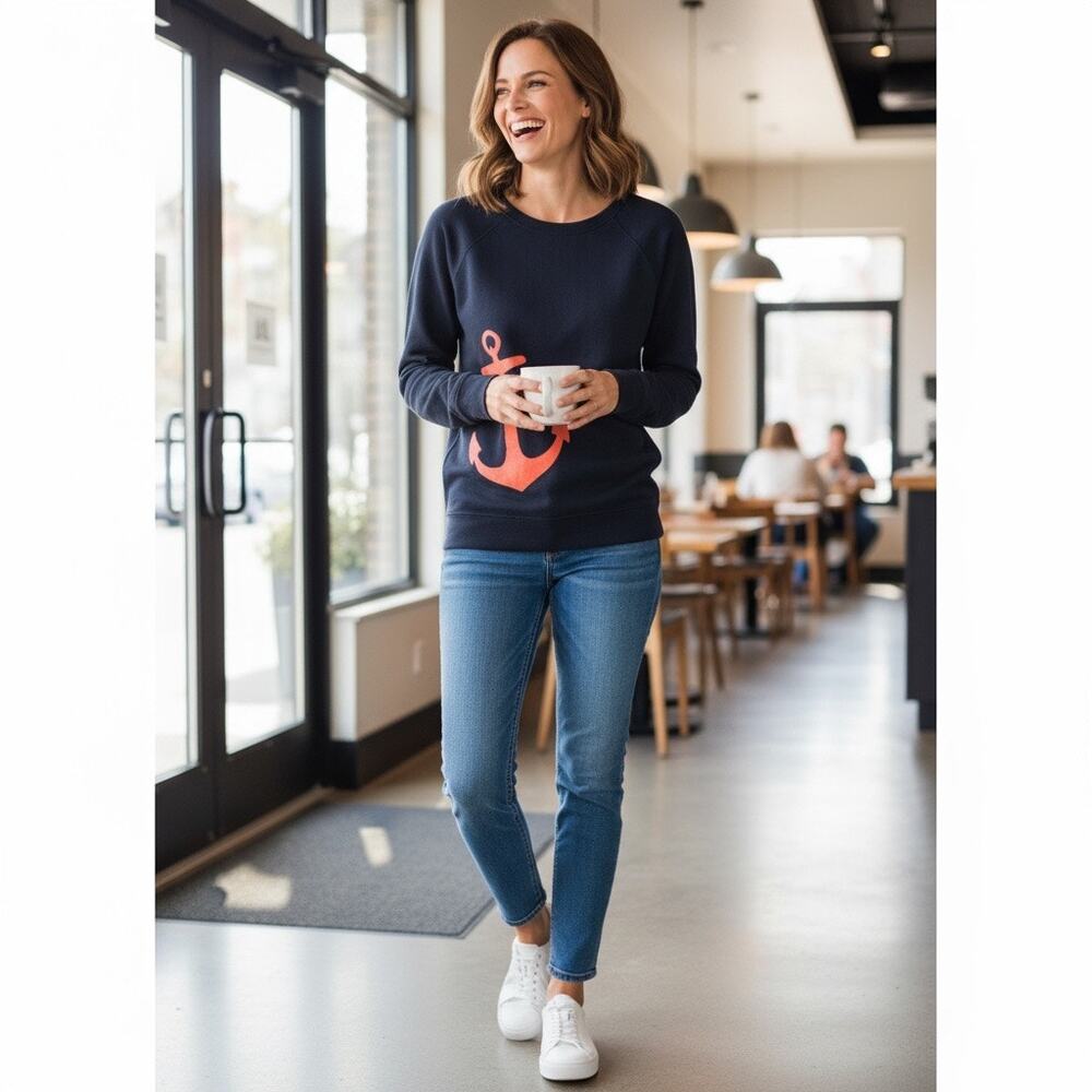 J Crew Long Sleeve Navy Blue Top Cotton Shirt Coral Nautical Anchor Tee Small